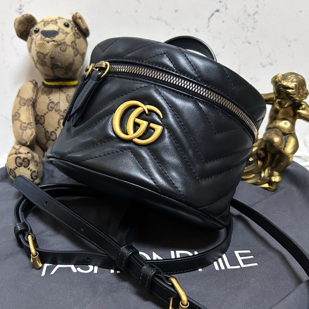 Authentic Gucci Calfskin Matelasse Chevron Mini GG Marmont Top Handle Bag